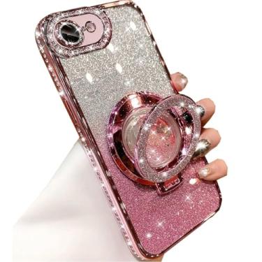 Imagem de Changjia Capa com suporte de glitter para iPhone 16e, linda capa de luxo brilhante com strass de diamante brilhante com protetor de câmera, anel fluido líquido, suporte de TPU (poliuretano