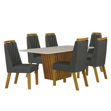 Imagem de Mesa de Jantar Liz 180x90 Freijó Off White com 6 Cadeiras Freijó Linho Chumbo - Leifer Móveis