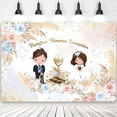 Imagem de Pano de fundo Nuestra Primera Comunion para gêmeos, batismo, Deus, abençoe, primeira comunhão, festa de batizado, boho, azul, rosa, floral, dourado, pombas da paz, faixa (2,4 x 1,8 m)