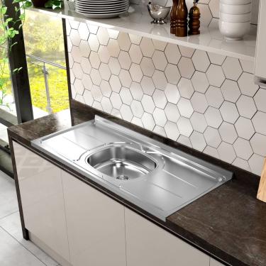 Imagem de Pia de Cozinha em Aço Inox de 120cmx53cm Deslocada para Direita Concretada lisa com vál...