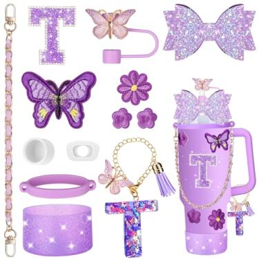 Imagem de Mity rain 14 peças de acessórios de copo roxo para copo Stanley Cup de 850 g 1,134 g com alça - Inclui alça, decoração de arco de palha, capa de palha, bota, tampas à prova de derramamento, pingentes