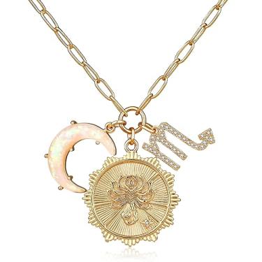 Imagem de MISS RIGHT Colar de moedas de signo do zodíaco de ouro com pingente de lua crescente de opala para mulheres meninas da moda, corrente delicada de clipe de papel de ouro 12 colares de horóscopo de constelação colares de astrologia joias presentes, 18.11 inches, Gema, Zircônia cúbica