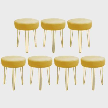 Imagem de Kit 07 Banquetas Puff Jullia Luxo 55cm Industrial Ferro Dourado Corino Amarelo - Ahazzo Móveis