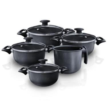 Imagem de Conjunto jogo panelas caçarola c/ fervedor antiaderente preto tampa vi