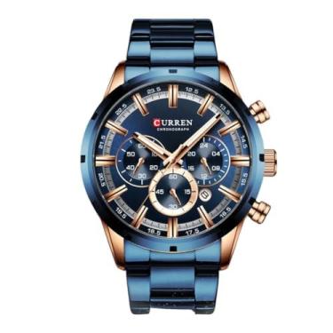 Imagem de Relógio Masculino "Sea Rose" – Azul com Detalhes em Ouro Rose, Cronógrafo, Pulseira 24mm, Visor 47mm, Aço Inoxidável, Estilo Luxuoso e Resistente à Água + Caixa Premium