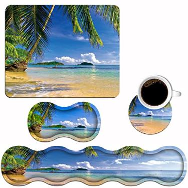 Imagem de Apoio de pulso ergonômico para teclado e mouse pad conjunto de descanso de pulso com porta-copos [4 peças], base de borracha antiderrapante para escritório em casa estudando fácil digitação e alívio da dor, praia tropical