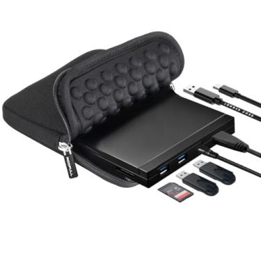 Imagem de Unidade externa de CD/DVD ROOFULL com leitor de cartão SD, hub de entradas USB 3.0 e estojo de transporte, leitor e gravador USB-C/CD DVD ROM/RW para notebook, Mac, PC, Windows 11/10, MacBook, iMac