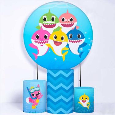 Imagem de Kit Painel de Festa Redondo de 1,30m e Trio de Cilindros Baby Shark - Fera Print