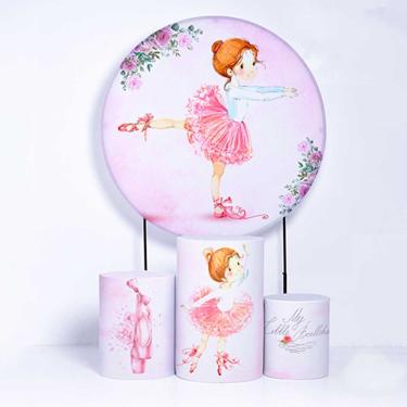 Imagem de Kit Painel de Festa Redondo de 1,80m e Trio de Cilindros Bailarina - Fera Print