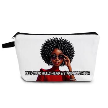 Imagem de YULUENZE Bolsa organizadora pequena para mulheres afro-americanas, com zíper, mantém os calcanhares e a cabeça, bolsa cosmética, presente de aniversário estético, para mulheres negras, irmãs, amigas