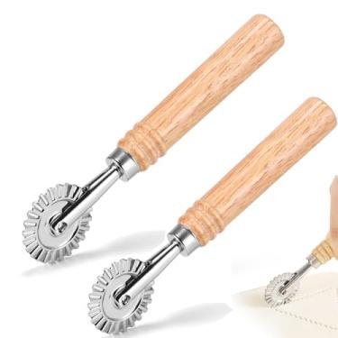 Imagem de SHANGSKY Roda de cortador de massa com cabo longo de madeira - ravioli, macarrão, bolinho, macarrão, biscoitos, cortador de torta - ferramenta de corte de massa de cozinha (2 peças)