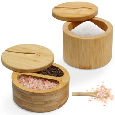 Imagem de AEXHOT Adega de sal de bambu, 2 peças, recipiente de sal com colher embutida, tigela para caixa de sal com tampa giratória, caixa de armazenamento de bambu, recipiente de sal para armazenamento de