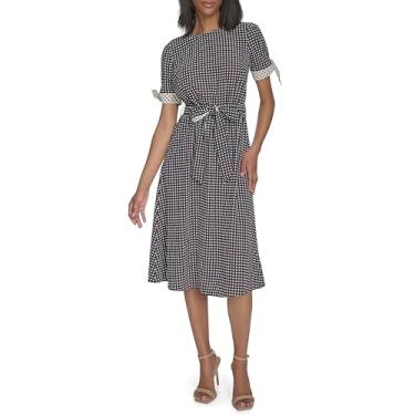 Imagem de Halston Vestido feminino de manga curta com cinto estampado, Preto/imaculado, 44