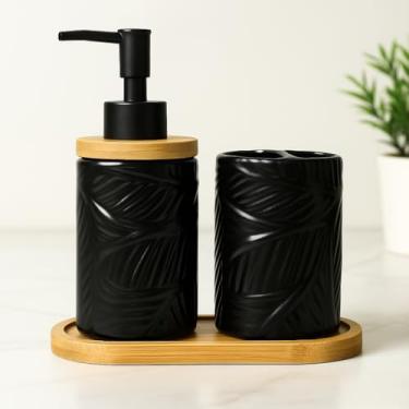 Imagem de Kit Lavabo Porcelana Moderno c/ 3 Peças Preto Fosco Difusor Aromatizador e Saboneteira Banheiro Sala (Preto, Folhas)