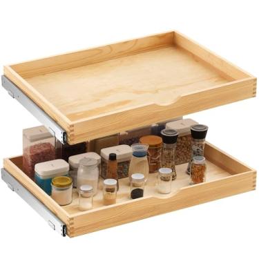 Imagem de Menkxi 2 conjuntos de bandeja organizadora de armário de madeira com gavetas, prateleira deslizante para armário de base, acessórios totalmente montados (cor de madeira, 73 x 53 x 7,6 cm)