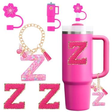 Imagem de Conjunto de acessórios para copo Stanley Cup 850 g 1,134 g copo com alça, incluindo tampa de cobertura de palha de silicone, pingente de alça, adesivo de iniciais fúcsia (Z)