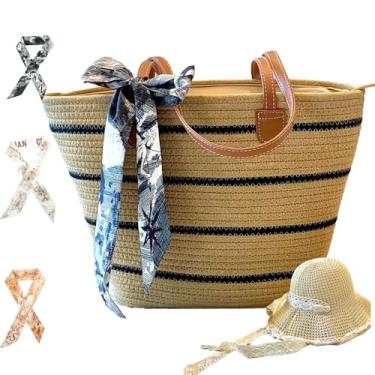Imagem de Kefeier Sacola de praia de palha tecida com alças de couro, estampa listrada, detalhe decorativo de cachecol, Cáqui e preto, Medium