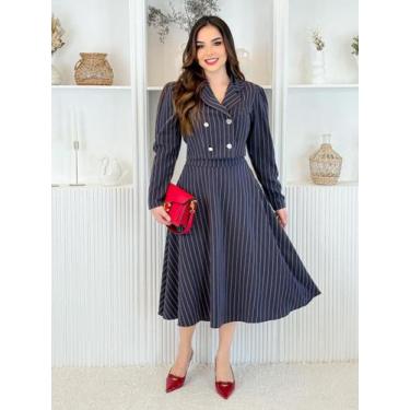 Imagem de Conjunto Elegante Social Feminino Risca de Giz Blazer e Saia Midi Roda
