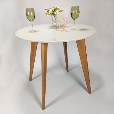 Imagem de Mesa De Jantar Tampo Com Vidro Redonda 90x90cm Slim Casa Uai Off White