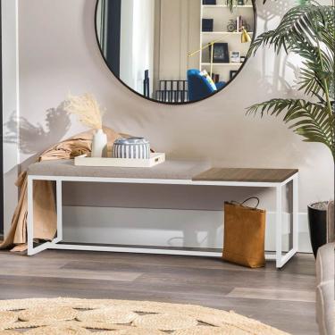 Imagem de Banco Recamier Puff 140cm Industrial Branco Suede Bege Tampo Quadrado Mdf Rústico