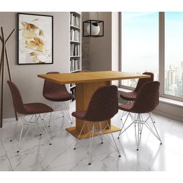 Imagem de Mesa Jantar Londres Retangular Canela 137X90Cm 6 Cadeiras Estofadas Caramelo Ferro Branco