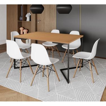 Imagem de Mesa Jantar Industrial Retangular Canela 137X90Cm Base V Ferro Preto C/6 Cadeiras Branca Mad Canela