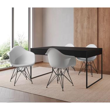 Imagem de Mesa Jantar Industrial Preta 137X90Cm Com 4 Poltronas Brancas Base Ferro Pre Cor: Preto