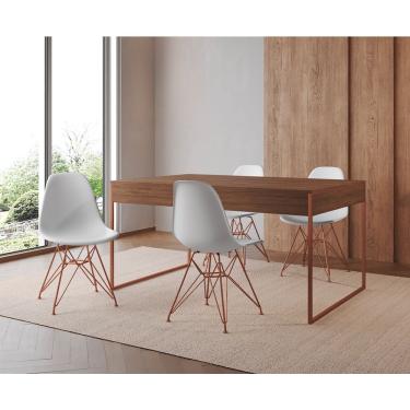 Imagem de Mesa Jantar Industrial Retangular Filadélfia Amêndoa 137X90Cm Com 4 Cadeiras Brancas Eames Base Cobr