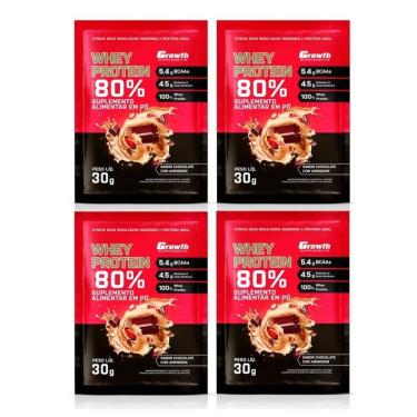 Imagem de Kit com 4 Saches Whey Protein 80% 30g Growth Chocolate Com Amendoim