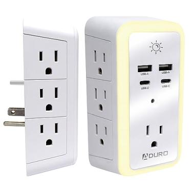 Imagem de Aduro Extensor De Tomada Com Vários Plugues, Protetor Contra Surtos E Luz Noturna, Branco, Adaptador Régua Energia Para Carregador Parede, 7 Tomadas, 2 Portas Carregamento Usb Tipo C, Casa, Escritór