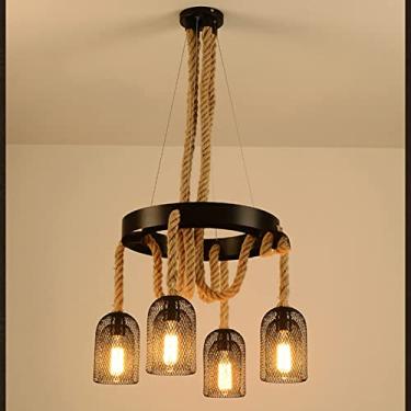 Imagem de Lustre industrial de ferro com corda de cânhamo rústico para pendurar lâmpada E27 vintage lustre de teto luminárias para quarto, sala de estar, bar, cozinha restaurante