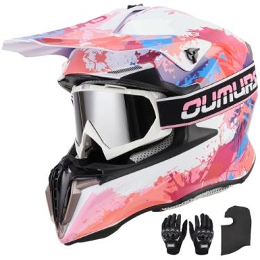 Imagem de Oumurs Capacete Adulto Para Quadriciclo, Motocross, Downhill, Unissex, Adulto, Com Luvas E Máscara, Viseira Solar Ajustável, Motocicleta, Off-Road, Mx - 806 Pink Splash, G