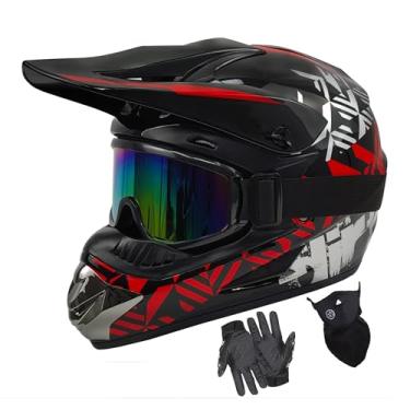 Imagem de SanQing Capacetes Para Motociclistas Jovens, Aprovados Pela Dot, Adultos, Com Rosto Inteiro, Motocross, Quadriciclo, Off-Road, Quadriciclos E Motos De Montanha (Óculos, Luvas Viseira) (Vermelho, Gra