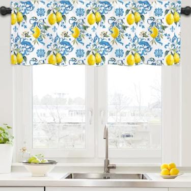 Imagem de Cortinas de verão de limão para cozinha, ramos azuis de limão, cortinas semitransparentes, bolso de haste, filtro de luz de janela curta, sanefas para cozinha, fazenda, sala de estar, banheiro, 137 x
