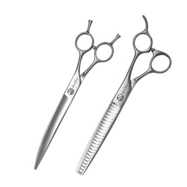 Imagem de SnipStar 7,5 polegadas de tesoura profissional para animais de estimação Conjunto de tesouras curvas VG10 de cuidado de cães e tesouras de chunker de 24 dentes, taxa de diluição 55%