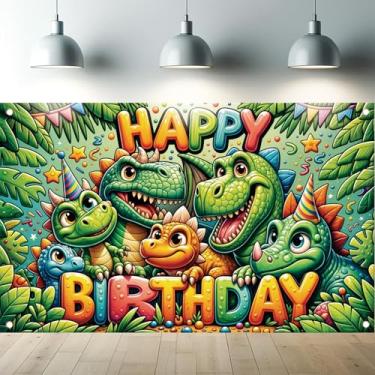 Imagem de Starlit Patio Pano de fundo de festa de aniversário de dinossauro, desenho animado colorido, faixa de feliz aniversário para crianças, meninos, meninas, bebê, selva, tema de dinossauro, decoração de