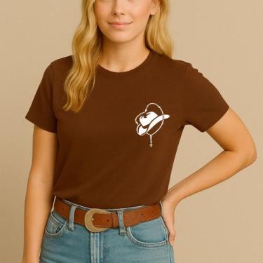 Imagem de Camiseta Agodão Feminina Estamp Chapéu Terço Religioso Cowgirl Country