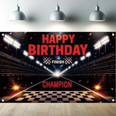 Imagem de Starlit Patio Pano de fundo Happy Birthday Motorsport Linha de chegada pista de corrida faixa de carro bandeira quadriculada campeão festa de aniversário fotografia fundo para meninos crianças homens