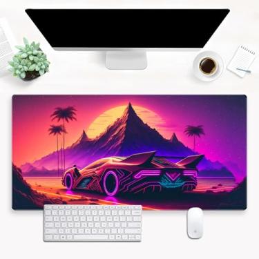 Imagem de Cindasun Tapete de mesa rosa roxo neon cidade Mousepad Punk Desk pad, Cool XXL grande mouse pad para jogos, tapete de teclado de arte abstrata com bordas costuradas 80 x 39,9 cm