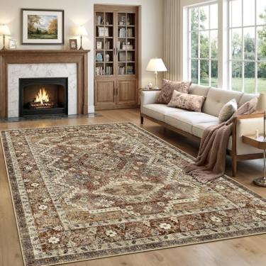 Imagem de Rugland Tapete de área 23 x 30 cm – Tapete lavável resistente a manchas, tapetes antiderrapantes para sala de estar, tapetes de área tribal persa boho (TPR07-ferrugem, 2,7 x 3,6 m)