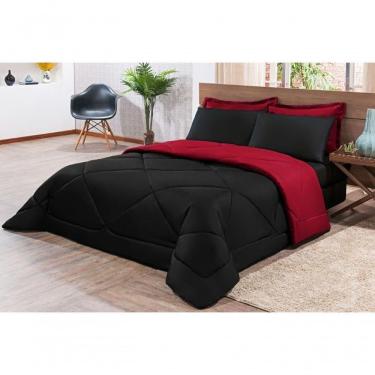 Imagem de Kit Edredom + Jogo De Lençol Aconchego Look House Dupla Face Casal King 06 Peças - Preto E Vermelho