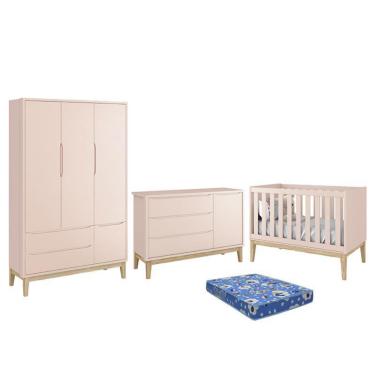 Imagem de Dormitório Infantil Classic 3 Portas, Cômoda 1 Porta, Berço com Pés Madeira Natural e Colchão - Reller Móveis Rosa Fosco
