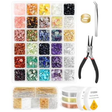 Imagem de FIVEIZERO Kit de fabricação de joias – 1000 peças de contas de pedra natural (25 cores, 4-12 mm) com contas de cristal, pingentes de metal, anéis de salto e ganchos de brinco para pulseiras, colares e