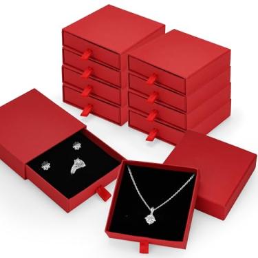 Imagem de MATUFF Caixas de presente de joias vermelhas, pacote com 10, 8,9 cm × 8,9 cm x 2,5 cm, caixa de joias de papelão com enchimento de esponja a granel, estilo gaveta, pequenas caixas de presente para