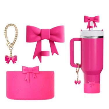 Imagem de AXMCCH Tampa de garrafa de silicone de 7,5 cm e topo de canudo em forma de laço de 10 mm para copo Stanley de 340 a 1,134 g (3 peças rosa B)