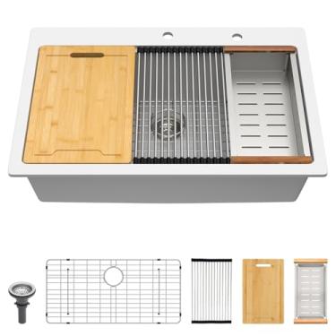 Imagem de 33 Pia de cozinha composta de granito branco estação de trabalho tábua de corte de bambu cesta de drenagem de madeira de acácia cortina de rolo de malha escorredor de aço inoxidável