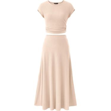 Imagem de Conjunto De Saia Feminina De Duas Peças Casual Com Nervuras De Malha Gola Redonda Manga Curta Top Cropped Cintura Alta Saia Midi, Wine Red, L