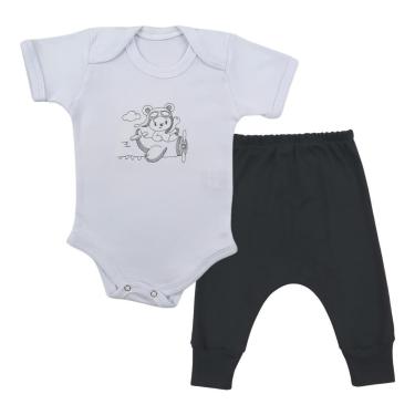 Imagem de Conjunto Body Manga Curta Bordado Ursinho Avião e Calça Suedine Mijão Culote - Roupa Bebê Menino-Masculino