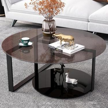 Imagem de Mesa De Centro Redonda Moderna, Camada Dupla Cinza, Tampo De Vidro Temperado, Perna Preta Fosca, Mesa De Centro Da Sala De Estar