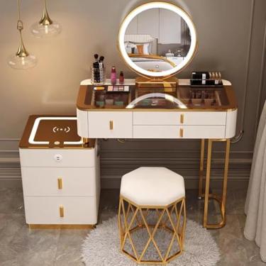 Imagem de Penteadeira Com Cadeira, Mesa De Vaidade Com Espelho E Luzes, Com Espelho De Escurecimento De Tela Sensível Ao Toque De 3 Cores, Conjunto De Mesa De Vaidade, Com 3 G, Brown White, 120x40x78cm